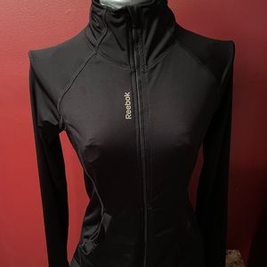 Reebok Size XS Black Full Zip Logo Sweatshirt With Thumb Holes & High Neck